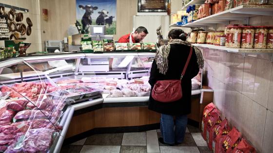 VILVOORDE, BELGIUM - JANUARY 13: Butchers inside the Kasap Mehmet butchery in a street near the Annasr Mosque on January 13, 2014 in Vilvoorde. (Photo by Virginie Nguyen Hoang for The Washington Post via Getty Images)